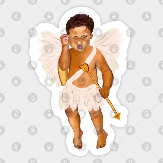 Cupid often wondered whether.... baby angel holding an arrow - In a contemplative pose with curly Afro Hair and gold arrow Sticker by Artonmytee